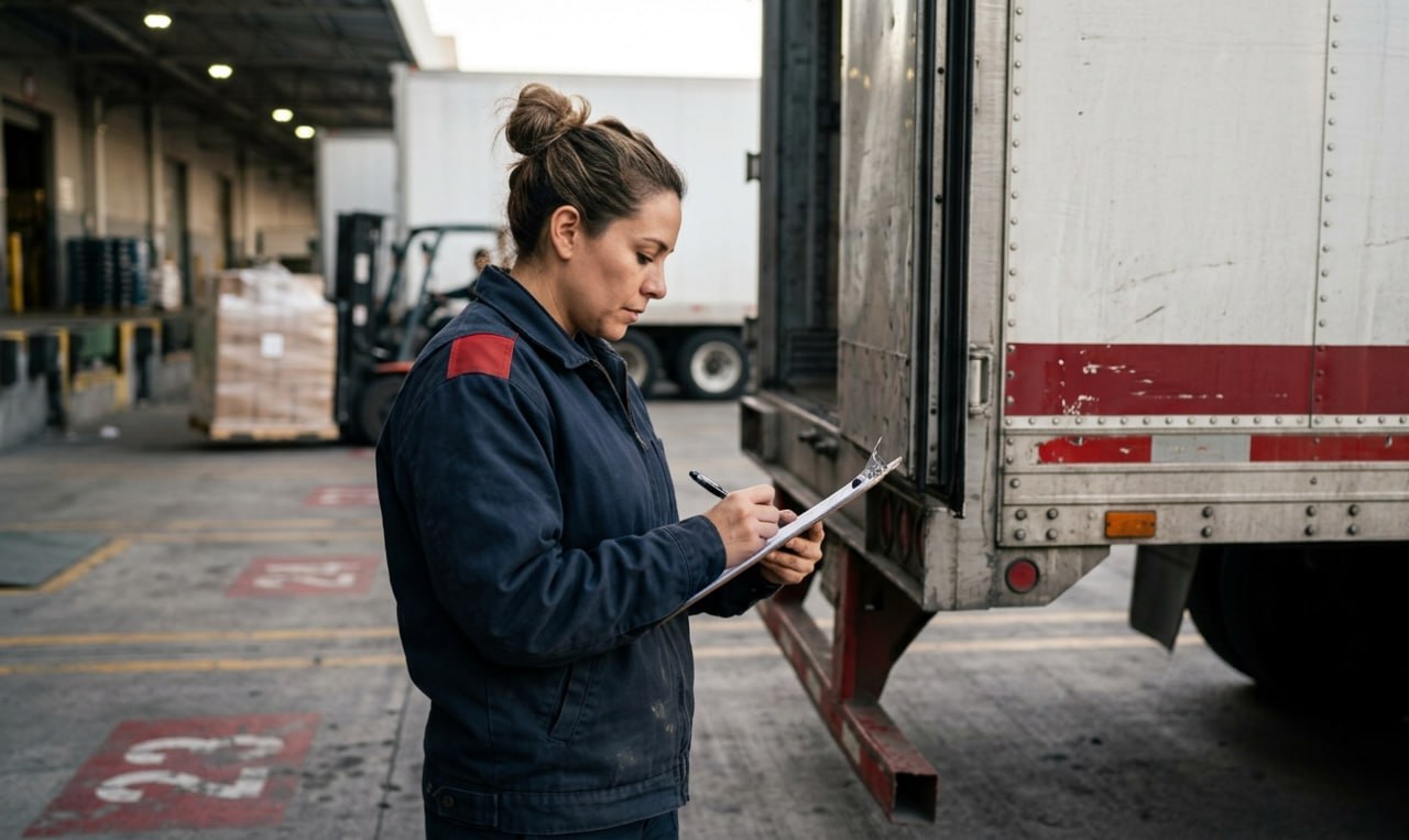 Profesional de logística inspeccionando unidad de carga